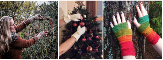 Three photos: gloved hands hanging a wreath on a tree, gloved hands hanging ornaments and rainbow gloves held against a tree.