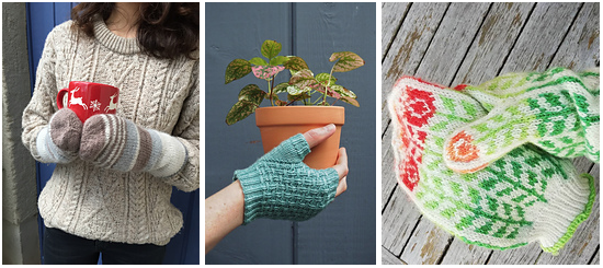 Three photos: Hands with mittens holding a red mug, aqua fingerless gloves holding a plant in a pot and a hand in a Fair Isle mitt holding its match