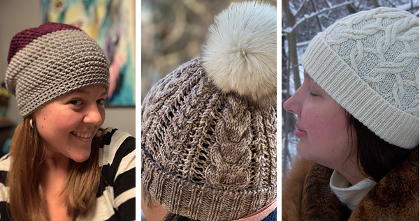 On the left, a light brown crochet hat with a maroon top, in the middle a light brown cabled hat with a large cream pom pom and on right a cream cabled hat in the snow