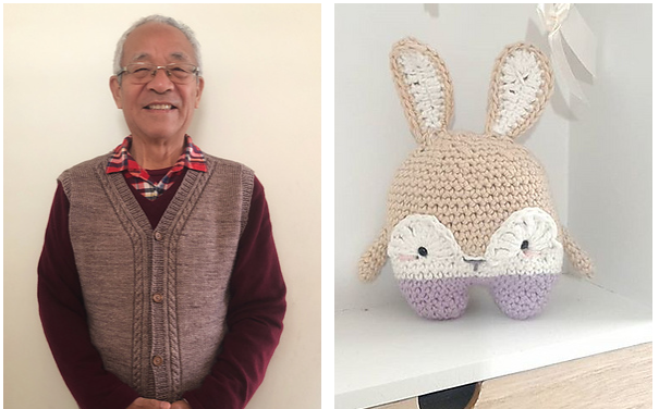 Man in grey vest on the left and a little crocheted bunny on a shelf on the right